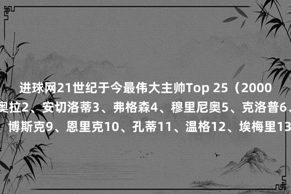 进球网21世纪于今最伟大主帅Top 25（2000年-2024年）：1、瓜迪奥拉2、安切洛蒂3、弗格森4、穆里尼奥5、克洛普6、皆达内7、西蒙尼8、博斯克9、恩里克10、孔蒂11、温格12、埃梅里13、曼奇尼14、斯卡洛尼15、德尚16、图赫尔17、弗里克18、阿莱格里19、贝尼特斯20、勒夫21、小因扎吉22、范加尔23、海因克斯24、里皮25、拉涅利体育录像/图片