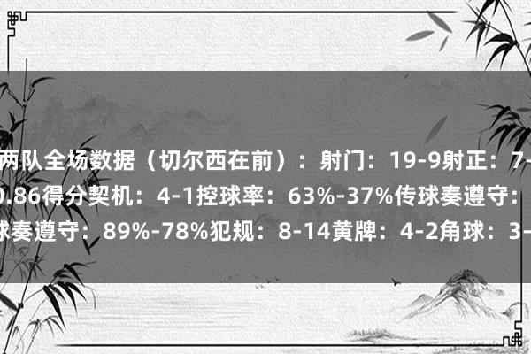 两队全场数据（切尔西在前）：射门：19-9射正：7-4预期进球：3.15-0.86得分契机：4-1控球率：63%-37%传球奏遵守：89%-78%犯规：8-14黄牌：4-2角球：3-6体育录像/图片